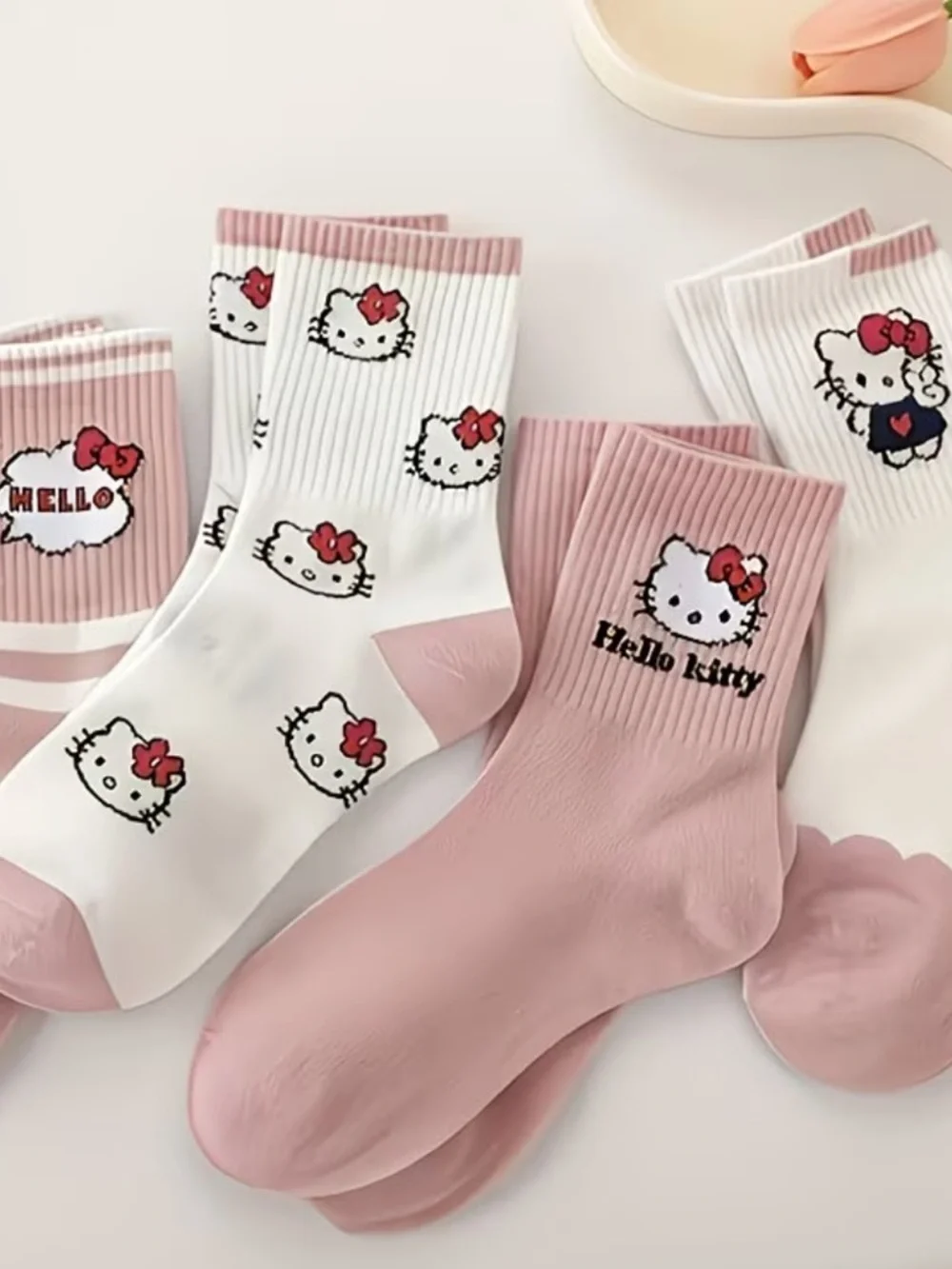 4 Pair Hello Kitty Kawaii Pink & White Crew Socks -